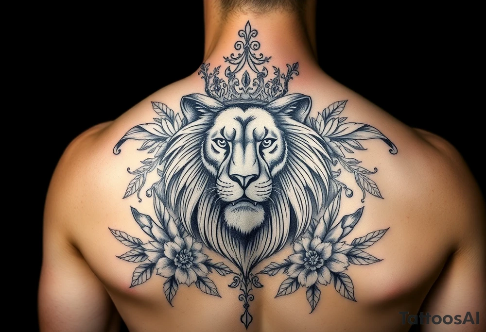 powerful majestic lion with a crown, surrounded by floral ornaments and birds tattoo idea