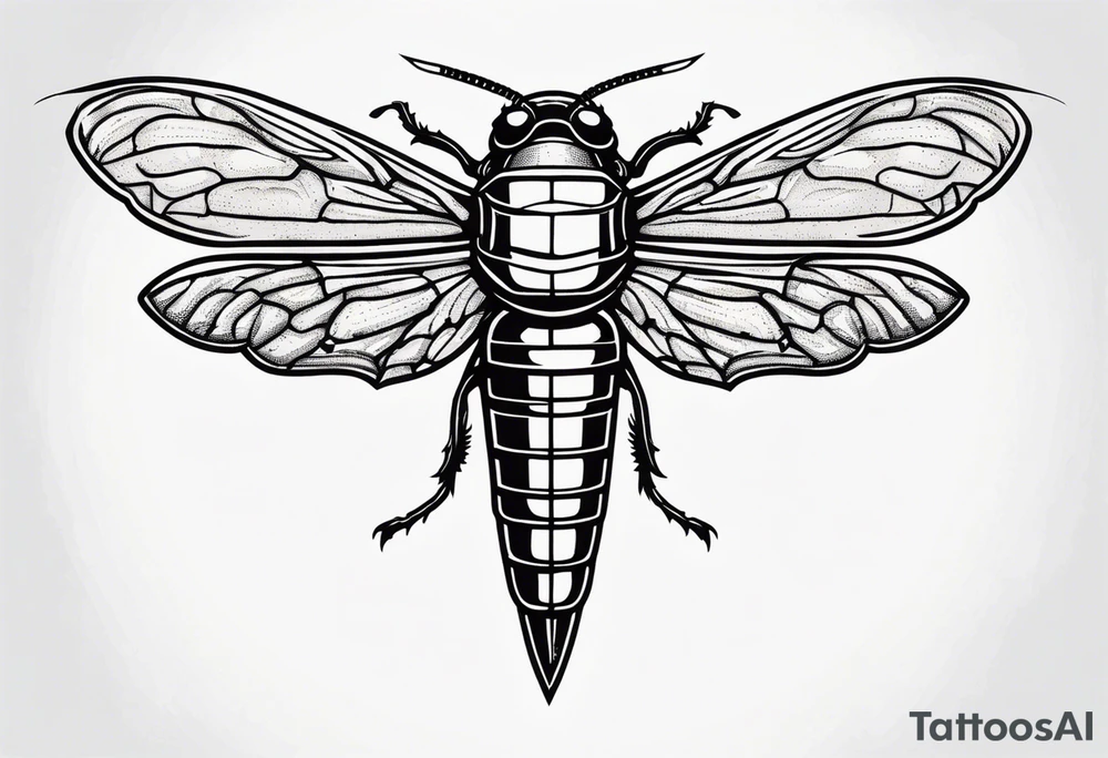 Cicada stippled and shaded with a sword going through it tattoo idea