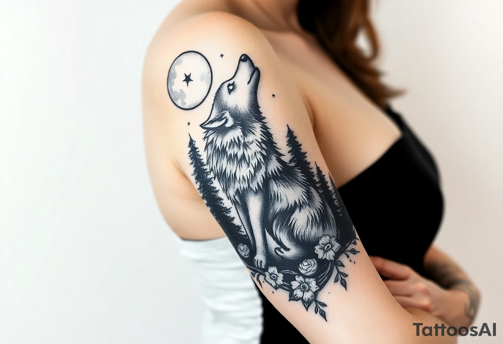 Lone wolf howling at the moon in the forest in the night Columba star tattoo idea
