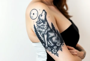 Lone wolf howling at the moon in the forest in the night Columba star tattoo idea