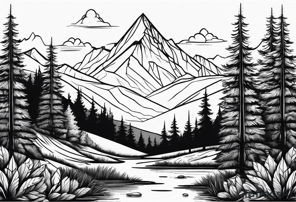 forest with mountains in the distance tattoo idea