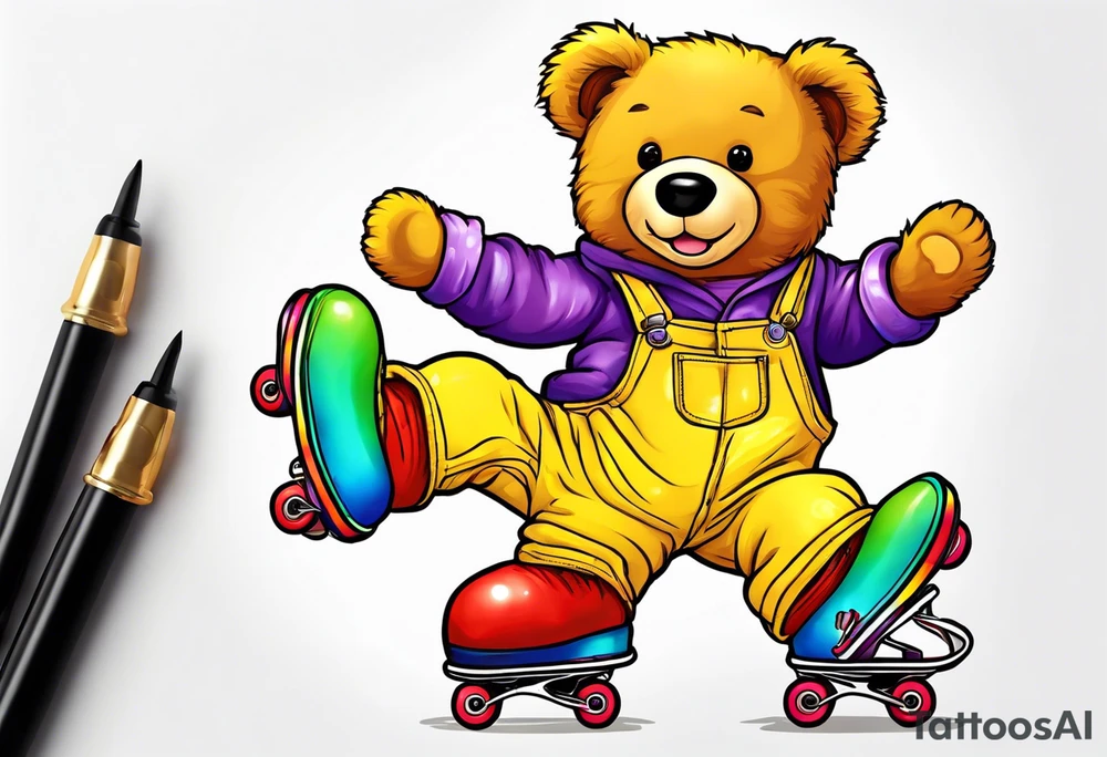 A rollerskating teddy bear in yellow overalls and rainbow skates tattoo idea