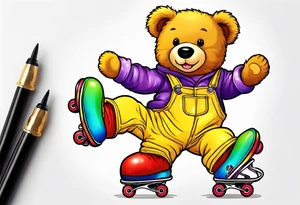A rollerskating teddy bear in yellow overalls and rainbow skates tattoo idea