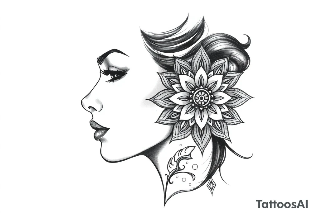 Powerful side profile woman’s face with mandala tattoo idea
