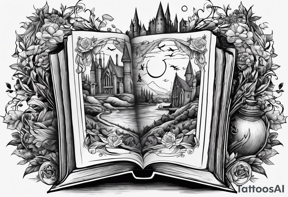 A stack of books surrounded with elements from Harry Potter, hunger games, the hobbit, pride and prejudice, twilight, and lord of the rings tattoo idea