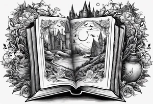 A stack of books surrounded with elements from Harry Potter, hunger games, the hobbit, pride and prejudice, twilight, and lord of the rings tattoo idea