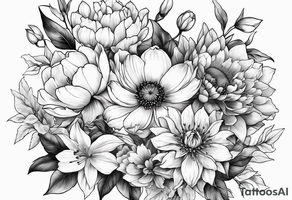 cherry blossom, peony, sunflower, tulip, lily bouquet tattoo idea