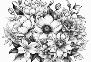 cherry blossom, peony, sunflower, tulip, lily bouquet tattoo idea