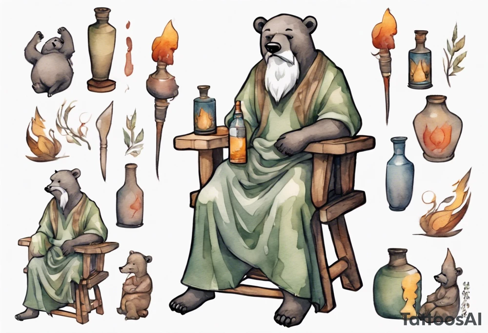 a medieval bear-human hybrid with a long grey beard wearing a tunic and boots, sitting on a stool by a fireplace drinking from a clay bottle, laughing tattoo idea