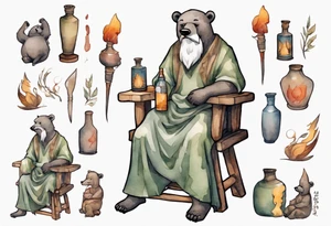 a medieval bear-human hybrid with a long grey beard wearing a tunic and boots, sitting on a stool by a fireplace drinking from a clay bottle, laughing tattoo idea