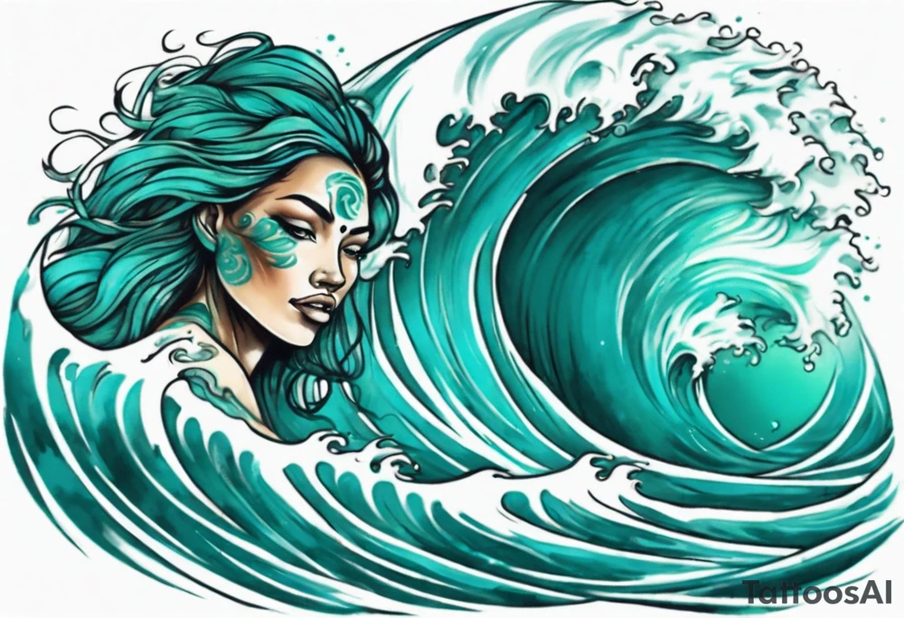 a beautiful teal face emerging from an ocean wave, crashing onto the shore tattoo idea