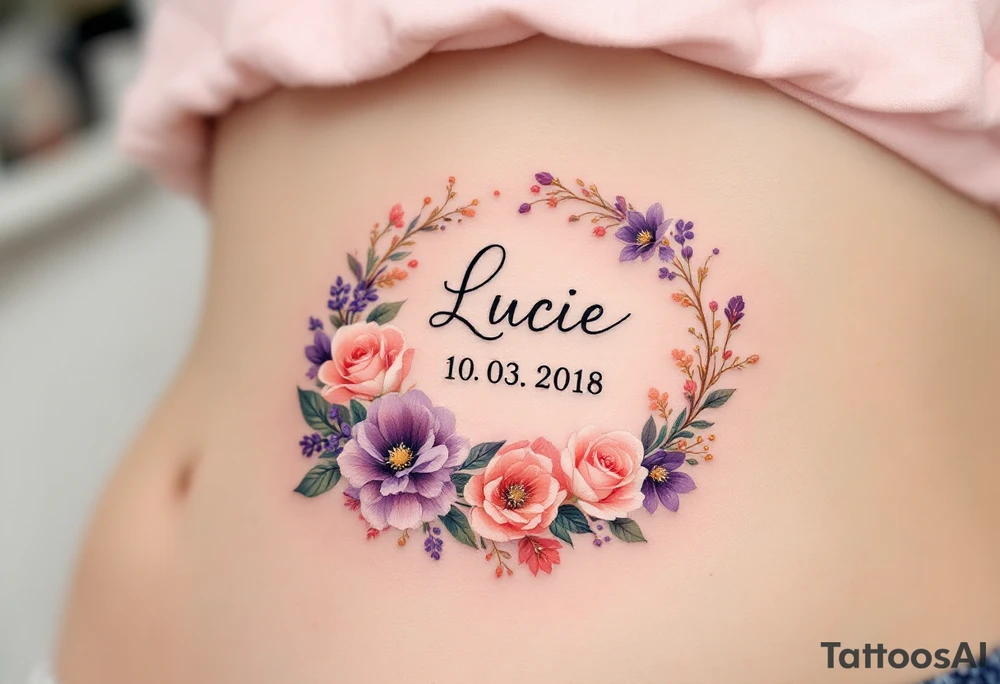 Lucie 10. 03. 2018) – A rosy peach and deep purple floral wreath, wrapping around Lucie's birthdate, with gold filigree detailing. tattoo idea