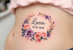 Lucie 10. 03. 2018) – A rosy peach and deep purple floral wreath, wrapping around Lucie's birthdate, with gold filigree detailing. tattoo idea