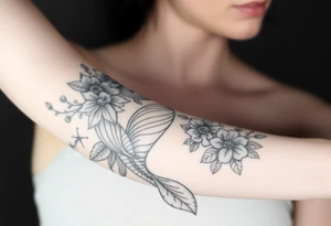 ethereal mermaid with flowing hair among coral and sea flowers tattoo idea