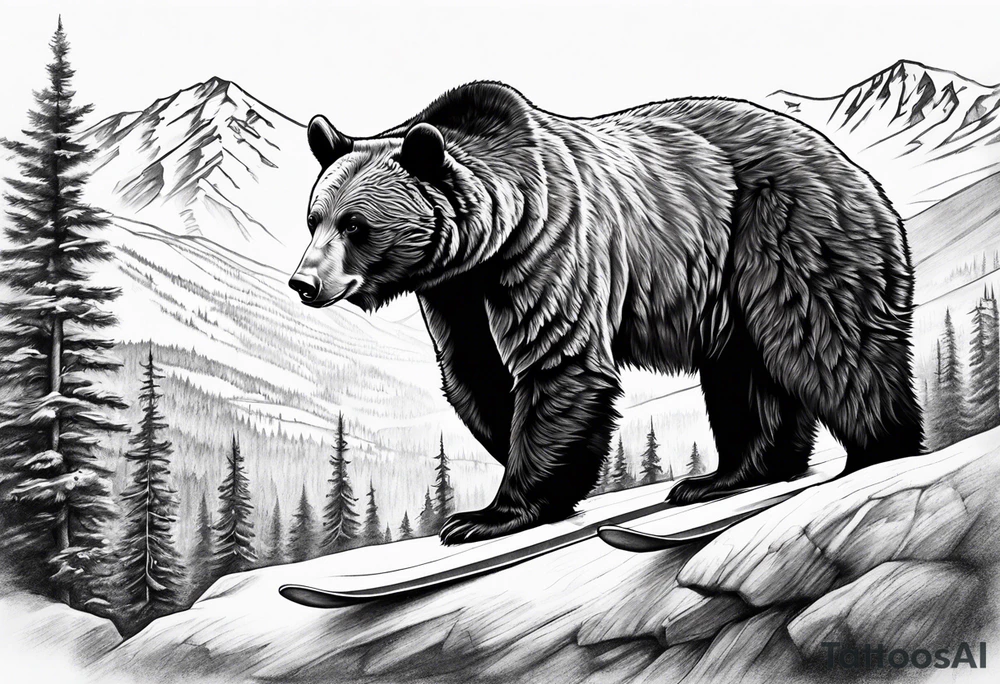 Large thigh tattoo, realism, black and white, black bear standing with a ski resort in the background tattoo idea