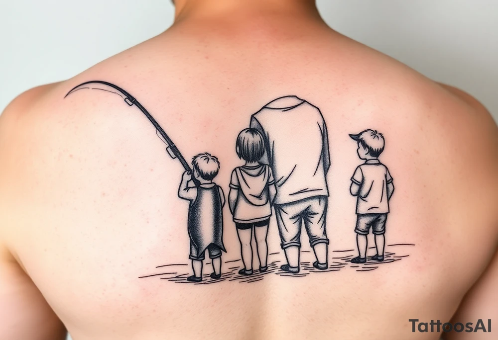 Dad fishing with 3 kids 
Daughter and 2 sons tattoo idea