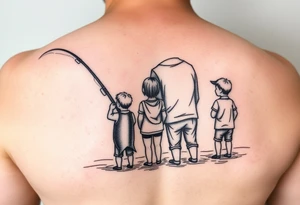 Dad fishing with 3 kids 
Daughter and 2 sons tattoo idea