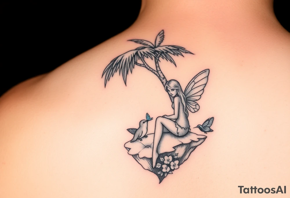 A blonde fairy sitting under a palm tree on an island with a squirrel, 
a blue butterfly, and a  hummingbird drinking from a flower. tattoo idea