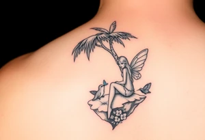 A blonde fairy sitting under a palm tree on an island with a squirrel, 
a blue butterfly, and a  hummingbird drinking from a flower. tattoo idea