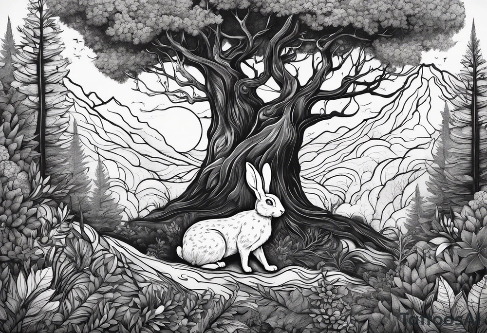 Dense forest with a rabbit between the trees tattoo idea