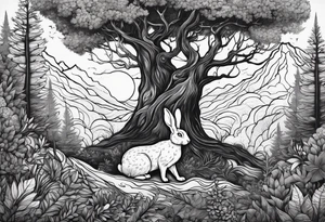 Dense forest with a rabbit between the trees tattoo idea