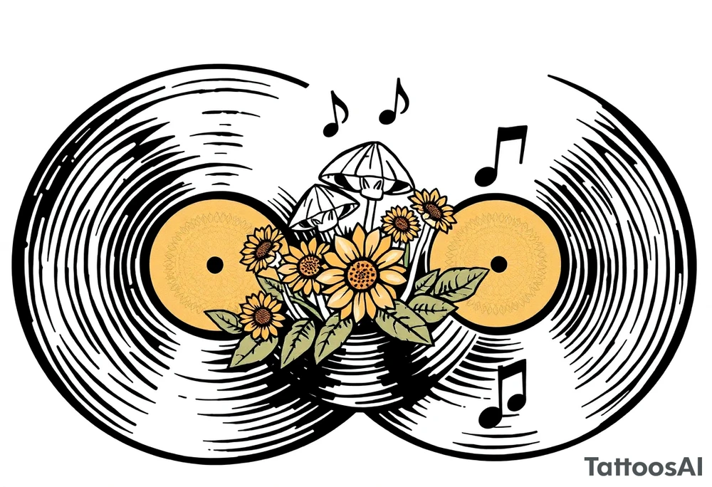 two overlapping vinyl records with mushrooms, sunflowers, and music notes tattoo idea