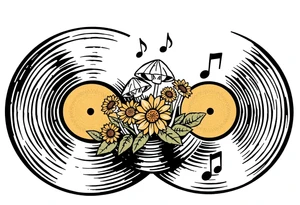 two overlapping vinyl records with mushrooms, sunflowers, and music notes tattoo idea