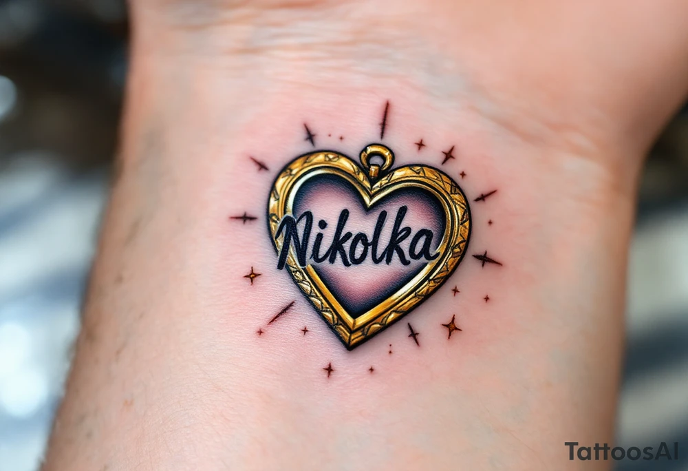 Nikolka name wrapped in a golden heart-shaped locket, slightly open with sparkles around. tattoo idea