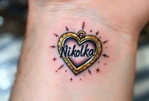 Nikolka name wrapped in a golden heart-shaped locket, slightly open with sparkles around. tattoo idea