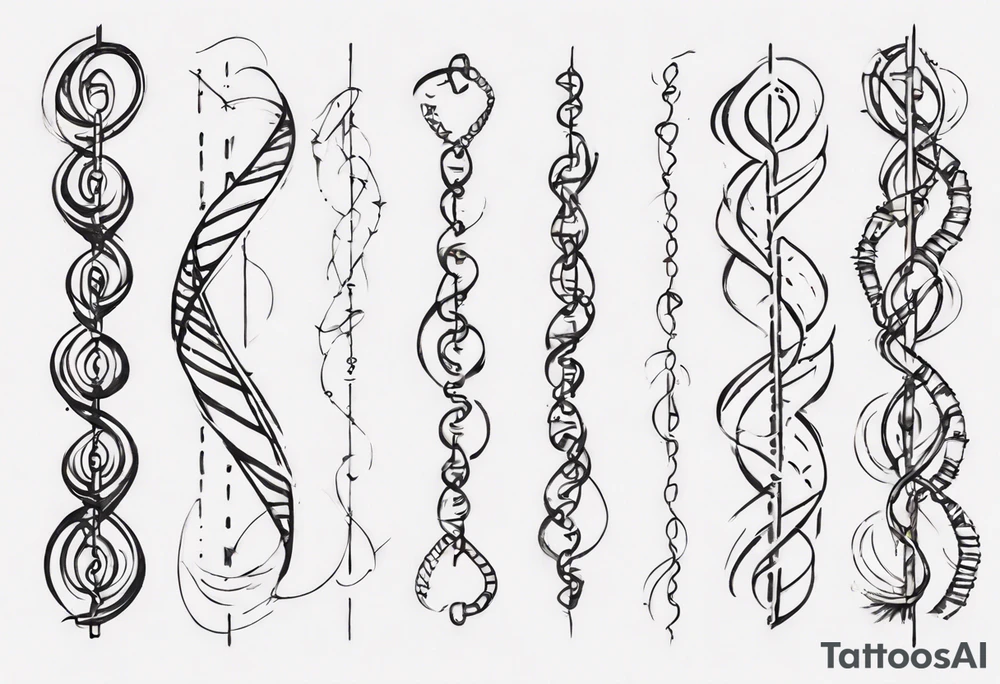 Create a tattoo sketch that visually represents my life journey and the evolution of mindfulness. Consider life as a DNA chain, where each link symbolizes key moments of my development and consciousness. Allow the images to change and transform, reflecting the evolution of my perception and self-understanding over time tattoo idea