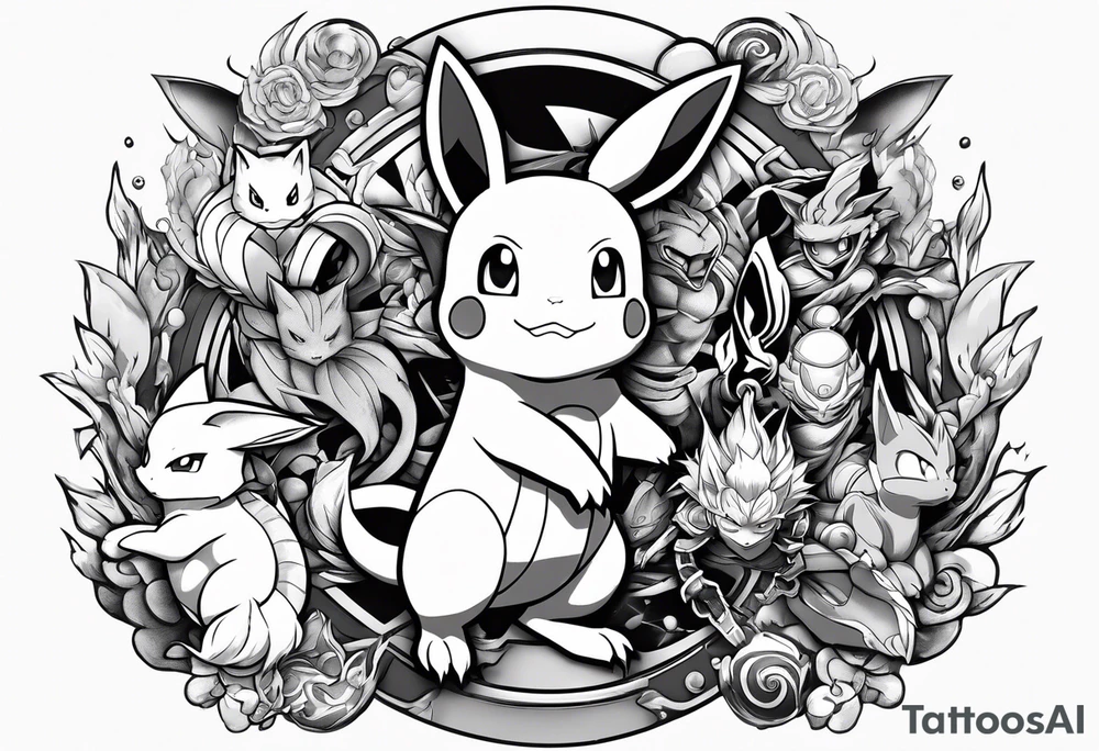 Several pokemon including Pikachu squirtle mew lucario and mewtwo disguised as a manga character such as kamado tanjiro, son goku, naruto uzumaki, gojo tattoo idea