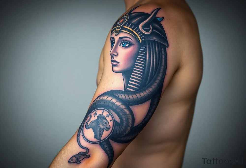 A DSLR photo of a full upper arm tattoo on a man's right arm, from neck to below the elbow. The tattoo shows the Egyptian goddess Renenutet with a serene and powerful female face, shaded with lifelike detail. Her eyes are vivid blue with white highlights. She wears a war crown (Mut or Isis style, with horns and a solar disk), and an ankh on the forehead. Her hair blends into a cobra hood that transitions into the serpent’s body wrapping around the entire arm. The cobra’s scales are deeply shaded black with white edge accents and subtle blue highlights on the back. The body coils protectively around the forearm, encircling three symbols: twin faces (Gemini), a lion’s head in relief (Leo), and a Capricorn with a horned goat and fish tail, each embedded in the snake’s body or stylized medallions. The tattoo glows slightly with white ink accents, giving it a vibrant, almost living presence. Photographed in soft studio lighting to highlight texture and shading, with visible skin grain and depth of ink. tattoo idea