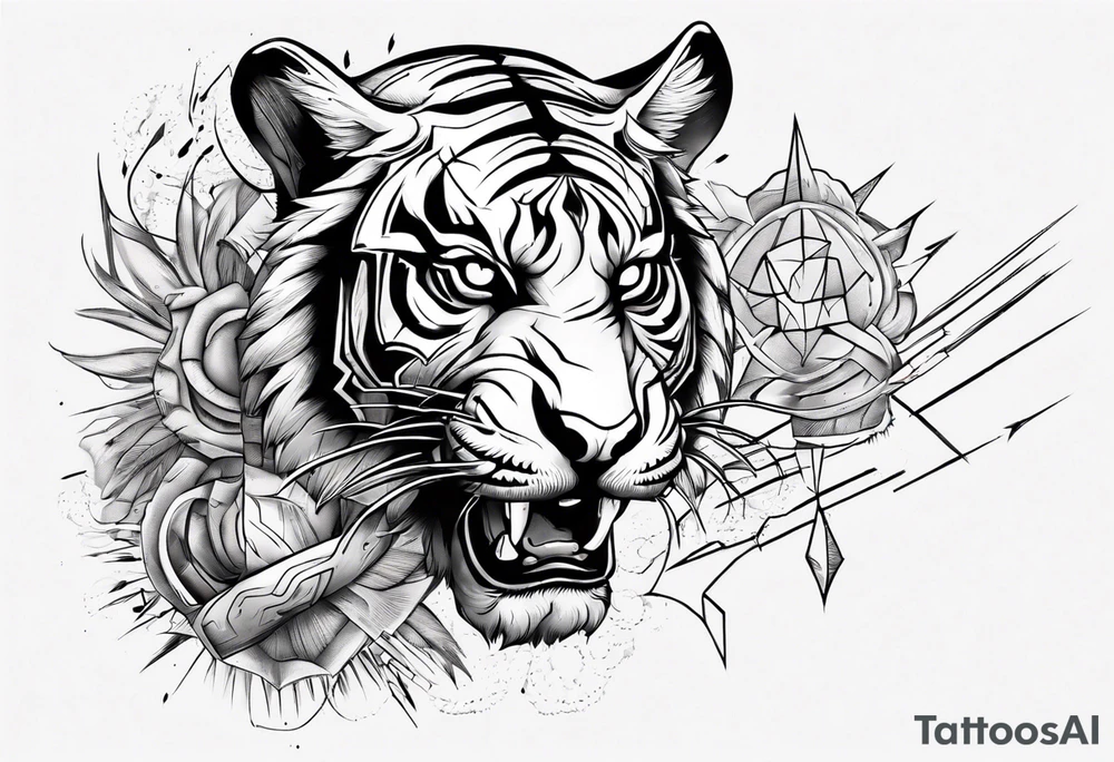 Ancient tiger with lightning and a sun for a forearm sleeve. With patterns surrounding it tattoo idea Ancient tiger with lightning and a sun for a forearm sleeve. With patterns surrounding it tattoo idea