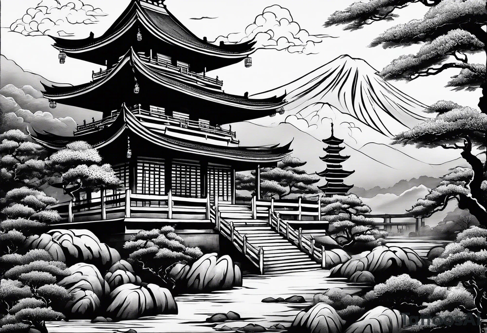 Japanese pagoda guarded by a japanese dragon, black and white colours tattoo idea