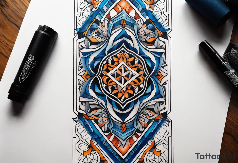semi Detailed neo traditional knee tattoo flat on paper. The tattoo features geometric patterns and bold lines, creating a visually striking design with slight tints of deep fall colors. The background features deep blues and water swirls tattoo idea