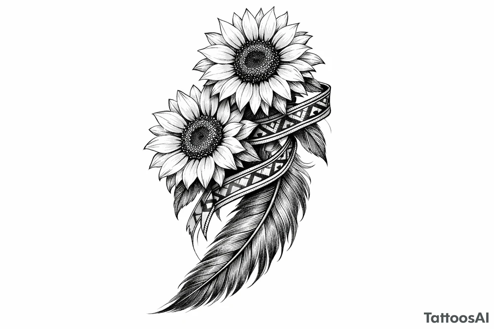 2 cascading sunflowers wrapped in simple Native American ribbon on top of a feather tattoo idea