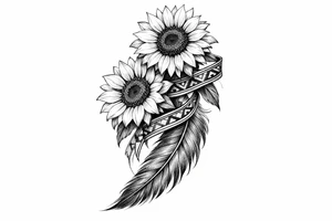 2 cascading sunflowers wrapped in simple Native American ribbon on top of a feather tattoo idea