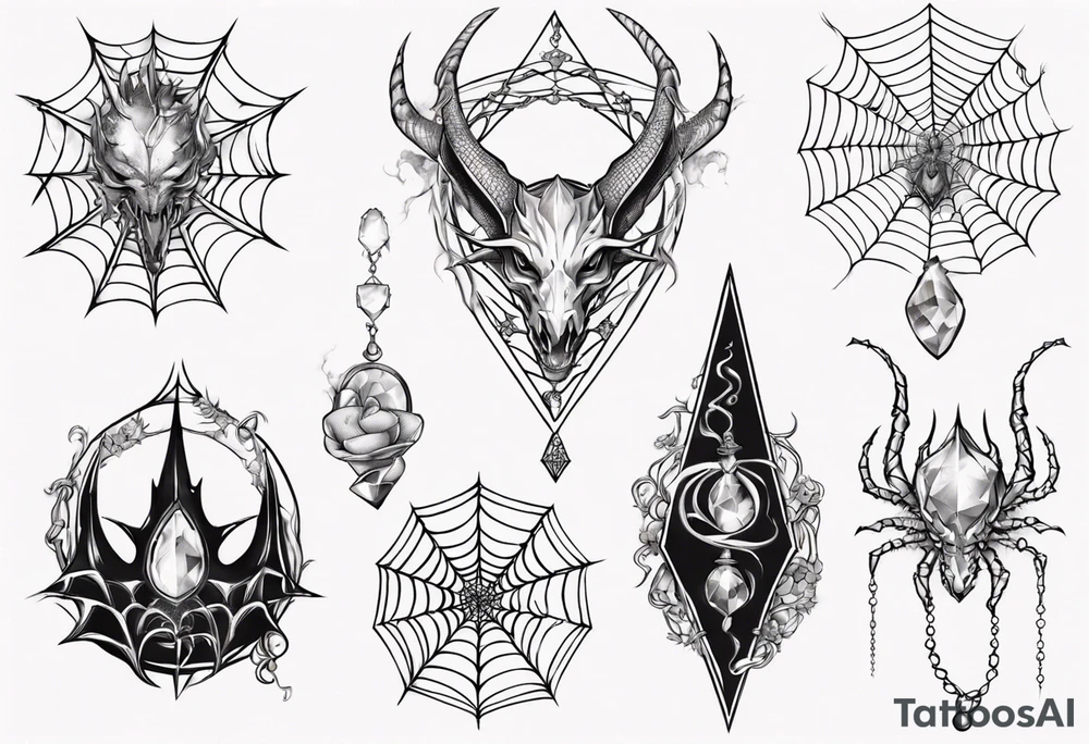 Dragon spiral spiderweb shattered chalices jewels, unicorn horn and a spider tattoo idea