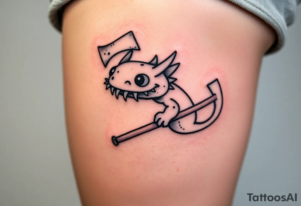 axolotl with big gills holding an axe tattoo idea