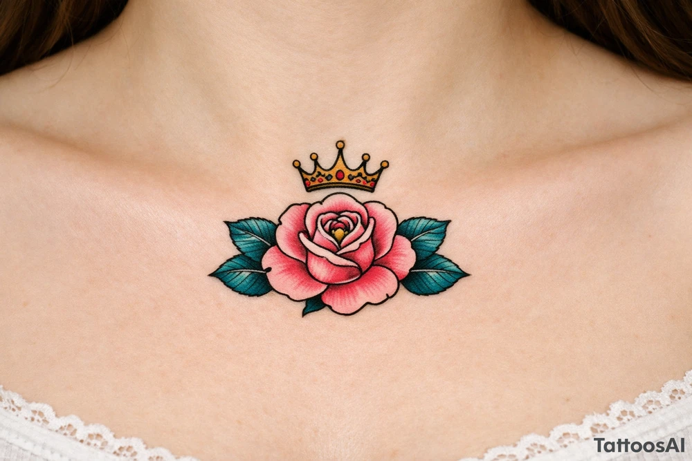 Pink rose , petrol leaves no stem, minimalist crown above it tattoo idea