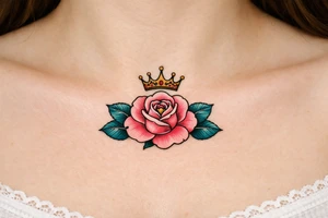 Pink rose , petrol leaves no stem, minimalist crown above it tattoo idea
