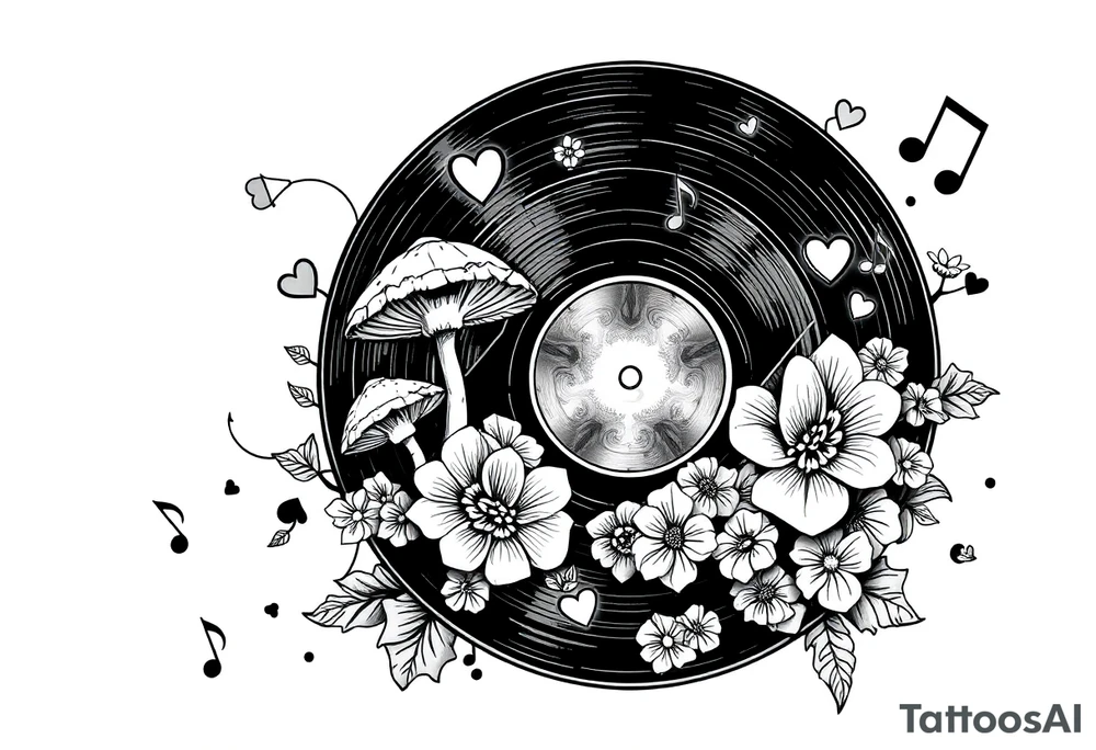 vinyl record with mushrooms, flowers, hearts, and music notes tattoo idea