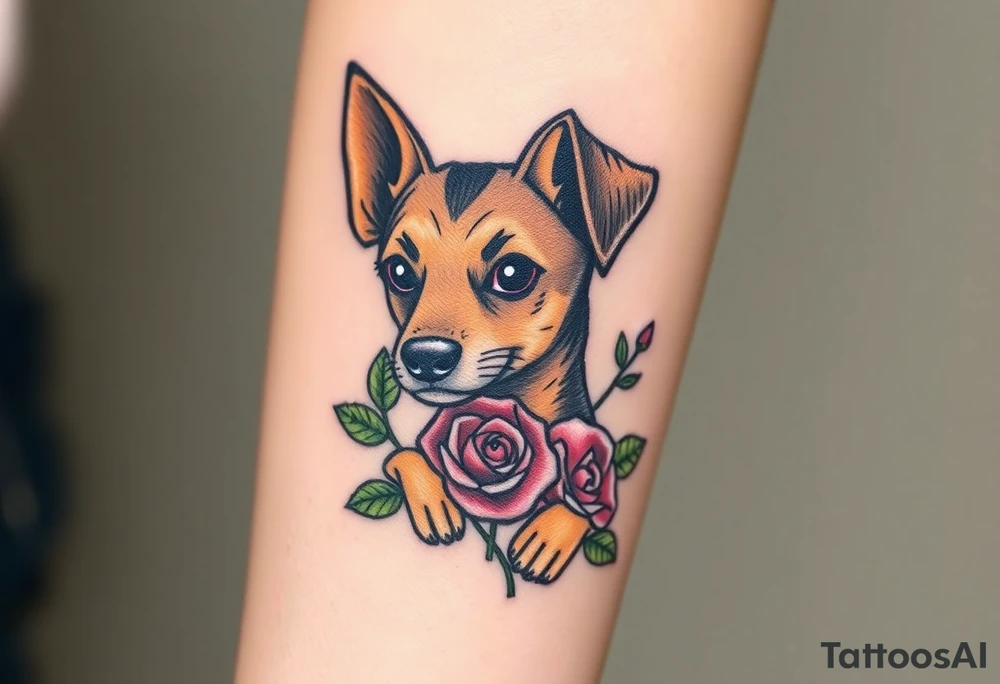 Cute female  hound dog mix Brindle dog with the name kiwi . And a tiny rose around her . With her ears pointy a little big tattoo idea