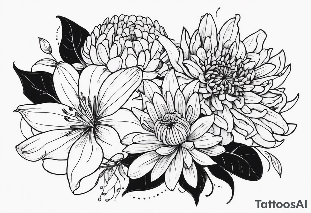 Lillies, roses, asters, chrysanthemums tattoo idea