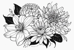 Lillies, roses, asters, chrysanthemums tattoo idea