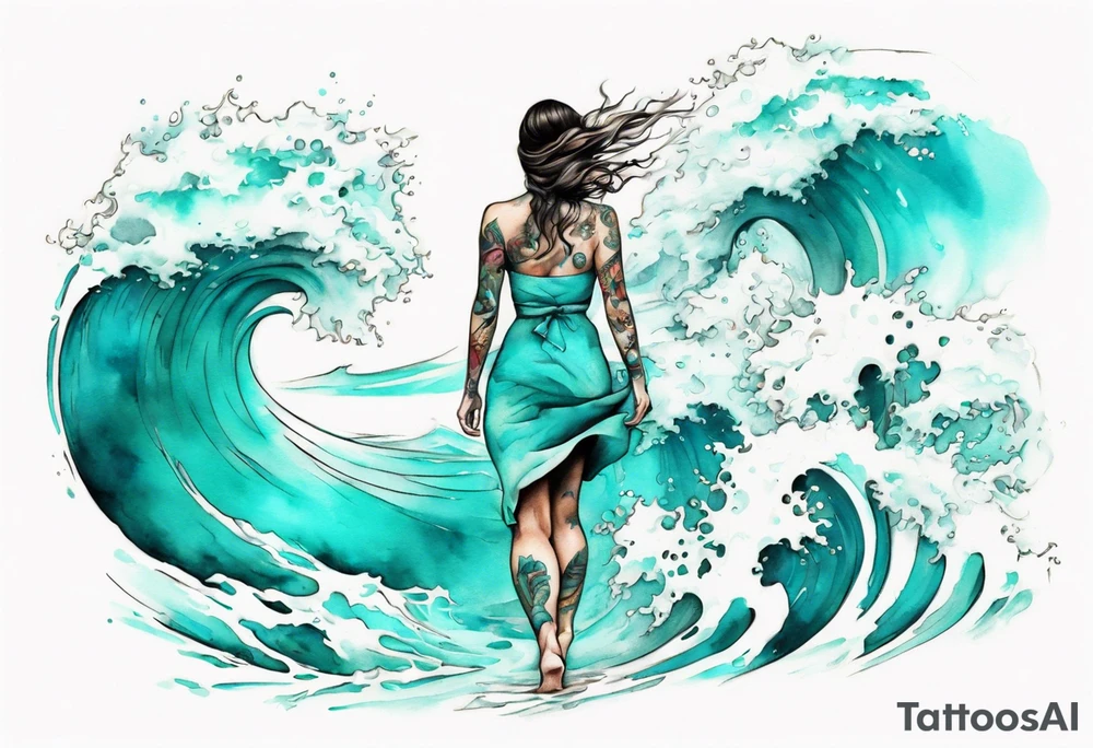 a turquoise water woman walking through crashing waves tattoo idea
