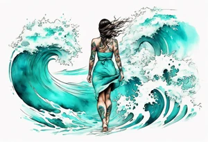 a turquoise water woman walking through crashing waves tattoo idea