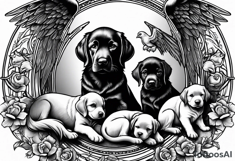 Black dog guarding angel infants tattoo idea