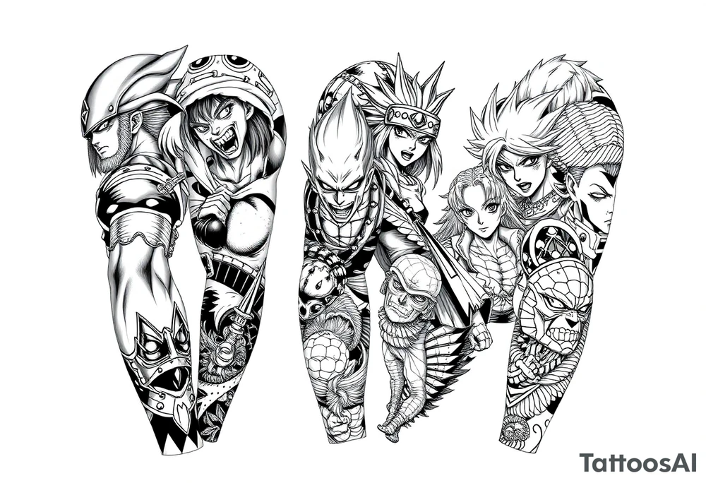 Battle royal anime sleeve with several characters from different Manga like naruto, hunter x hunter, solo leveling, demon slayer, dragon ball super, full metal alchemist, tattoo idea