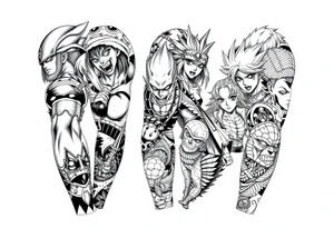 Battle royal anime sleeve with several characters from different Manga like naruto, hunter x hunter, solo leveling, demon slayer, dragon ball super, full metal alchemist, tattoo idea